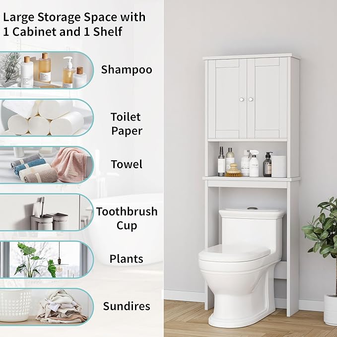 Shintenchi Over the Toilet Storage Cabinet, Bathroom Shelf Organizer with Anti-Tip Device Small Freestanding Space Saver with Adjustable Shelf，White