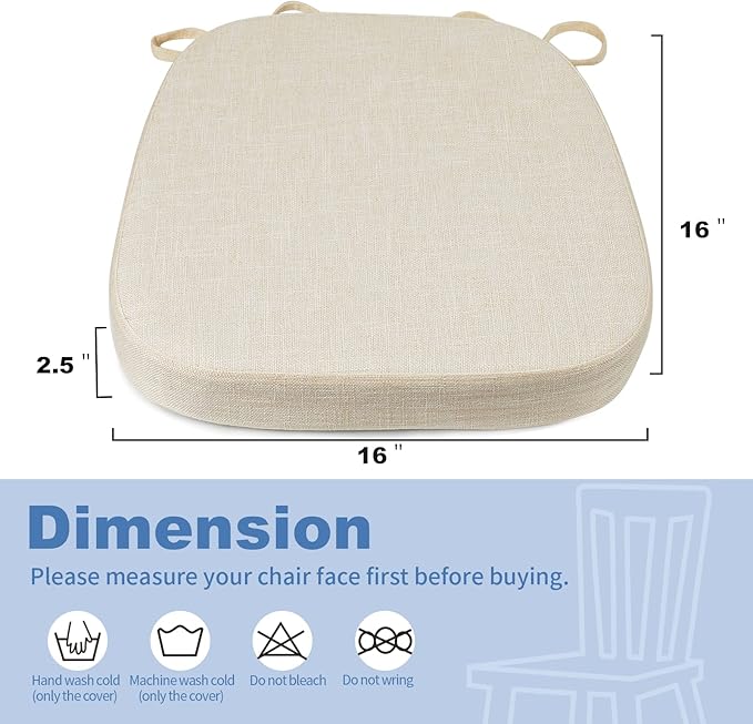 BUYUE Thickened 2.5" Friendly Woven Fabric Dining Chair Cushion, U-Shape High Density Foam Comfortable Chair Pad for Kitchen, Slip Resistant Indoor Seat Cushion (1 Piece, Beige)