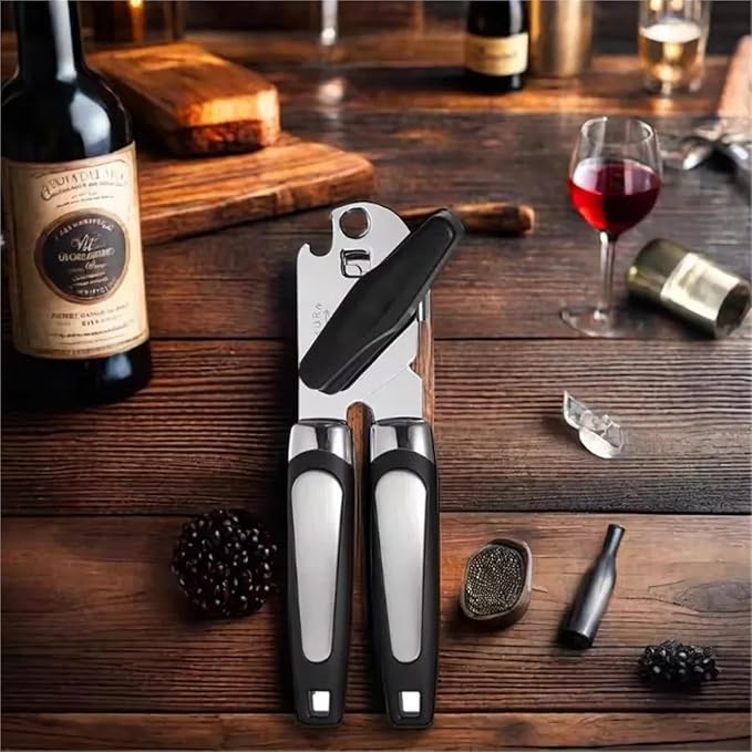 Multifunctional Stainless Steel Manual Can Opener and Bottle Opener, Heavy Duty Hand Held Can Opener with Easy Turn Knob, Sharp Blade Smooth Edge, Good Grips Kitchen Tool for Seniors (Black Silver)