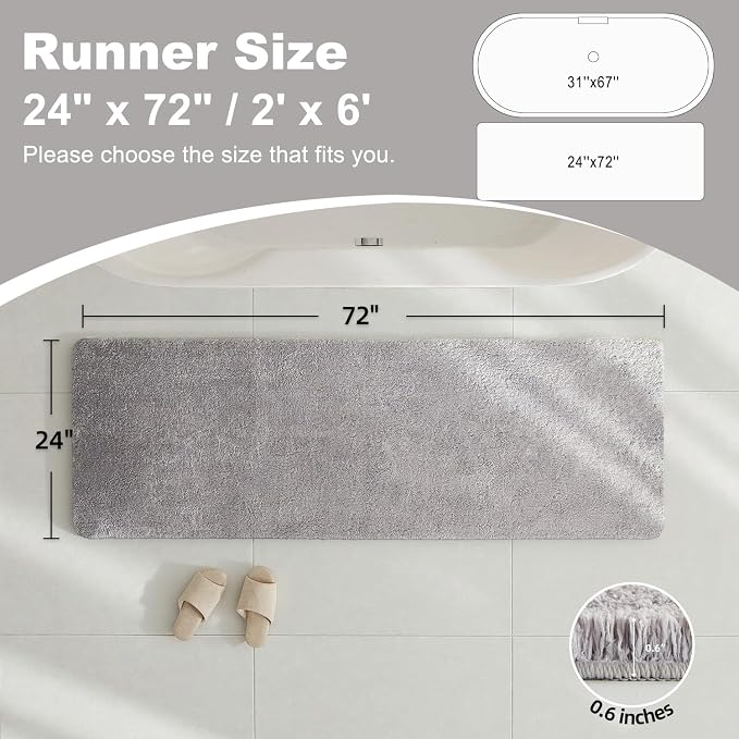 TYUU Bathroom Runner Rug, Ultra Soft Long Bath Mat Super Absorbent Quick Dry Bathroom Runner Rugs 24 x 72 Non Slip Washable, Light Grey 24" x 72"