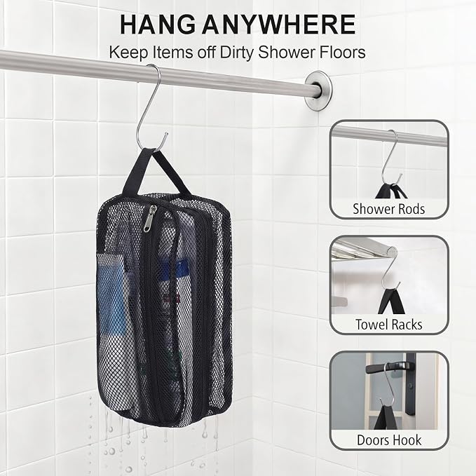 F-color Mesh Shower Caddy Portable with Zipper - 2 Pockets Small Shower Bag Tote for Camping, Gym, Travel, Toiletry, Quick Dry Bathroom Essentials with S Hook, Black