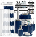 Clara Clark Bathroom Accessories Set - Bathroom Set with Adhesive Corner Shower Caddy Hanging, 25PC Bathroom Accessory Set, Navy Shower Curtain Set, Toilet Brush, Trash Can & Soap Dispenser