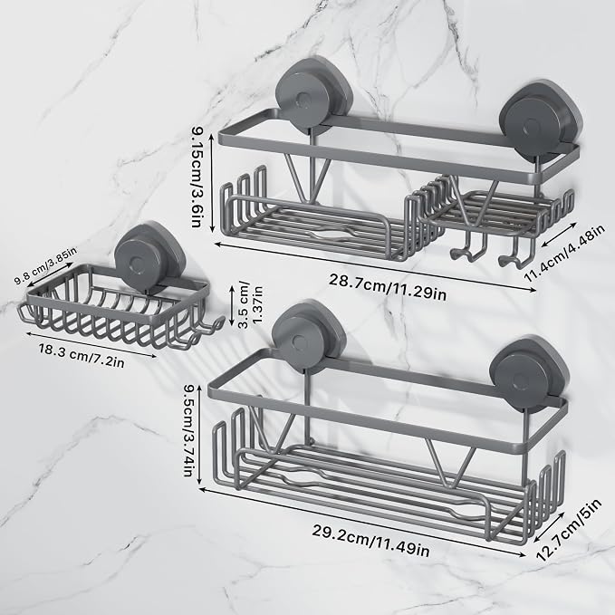 KEGII Suction Cup Shower Caddy – 3 Pack Suction Cup Shelf with Soap Holder & Hooks, Rustproof Stainless Steel Shower Organizer, Removable No Drilling Bathroom Storage Rack, Dark Gray