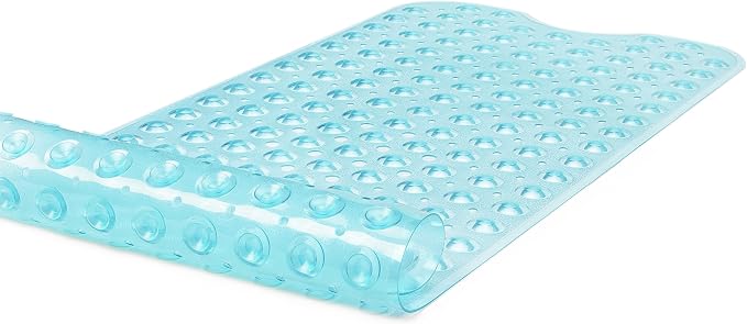 Extra-Long Non-Slip Bathtub & Shower Mat 39”x16” (Smooth/Non-Textured Tubs Only) Safe, Clean, Machine-Washable, Superior Grip&Drainage, Vinyl, Transparent Aqua/Blue-Green