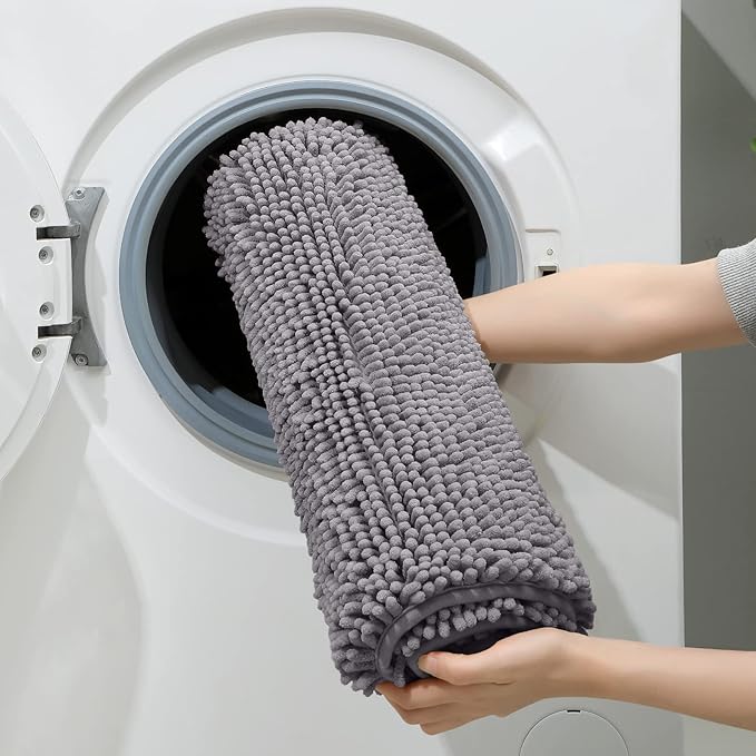 HOMEIDEAS 3 Pieces Bathroom Rugs, Soft Thick Absorbent Chenille Bath Mats, Washable Non-Slip Floor Rugs for Shower & Bath, Grey