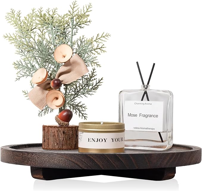 Round Decorative Tray Wood Bathroom Counter Organizer Farmhouse Kitchen Decor Wooden Riser for Soap Dish, Perfume, Candle, Sponge, 12" - Bark Brown