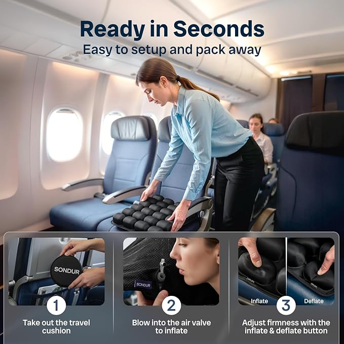 Sondur™ Travel Cushion – CloudAir Technology Airplane Seat Cushion – Inflatable Travel Cushion for Long Flights – Portable Air Cell Design, Puncture-Resistant Waterproof Pad – Black