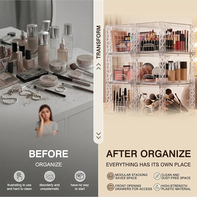Bathroom Organizers and Storage Boxes 6 Pack, 7in Plastic Stackable Drawers Simply Assembled Containers Bins Suitable for Cosmetics, Kitchen, Cabinets, and Snack