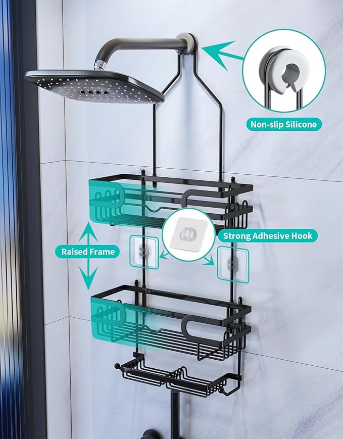HapiRm Bathroom Hanging Shower Caddy - Rustproof & Waterproof Shower Shelf with 12 Hooks and 2 Soap Holders, No Drilling Bathroom Organizers and Storage - Black