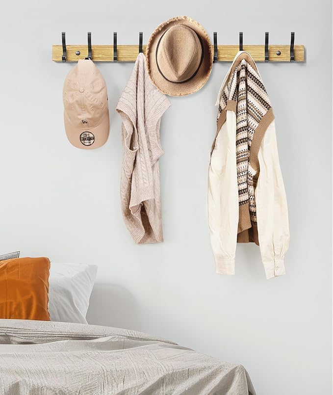 Optish Coat Rack Wall Mount, 16.5 Inches Wood Coat Hooks Wall Mount, Wall Coat Rack with 5 Hooks, Hat Rack Wall Hooks for Hanging Coat, Bag, Towel (2Pack, Natural)