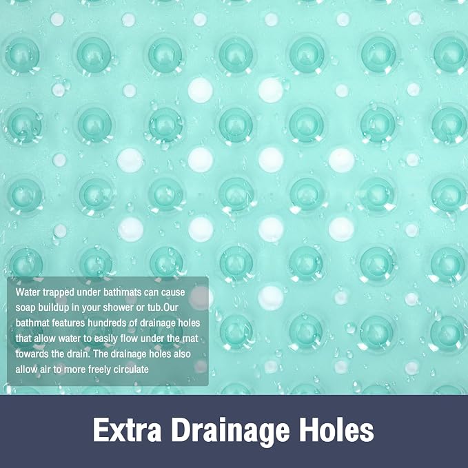 Extra Long Bathtub Mat Non Slip, Clear Green Soft Bath Mat for Tub 40 x 16 Inch Full Size, Bath Tub Shower Mats for Bathroom Floor, Big Suction Cups and Drain Holes, Easy Washable, BPA Free