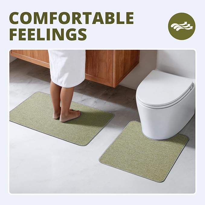 Bathroom Rugs Sets 2 Piece, Thin Bath Mat & U-Shaped Contour Toilet Rug Absorbent Quick Dry, Machine Washable, Non Slip Low Pile Bath Mats for Bathroom/Tub/Sink/Shower (27"x17" +24"x20" U, Sage Green)