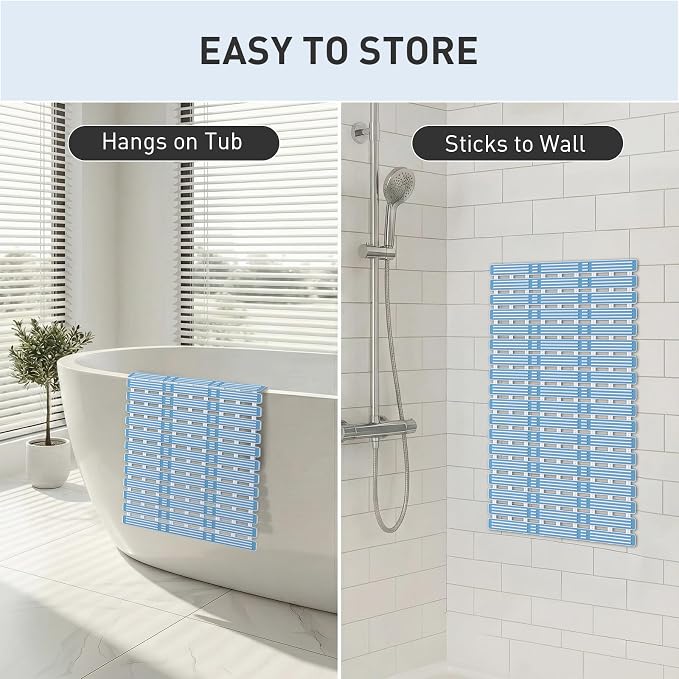 XIYUNTE Shower Mat Non Slip Bath Mat for Tub - 36 x 16 Inch Bathtub Mat Non Slip Shower Mats for Inside Shower, TPE Bath Mat with Suction Cups and Drain Holes, Easy to Cut, Blue
