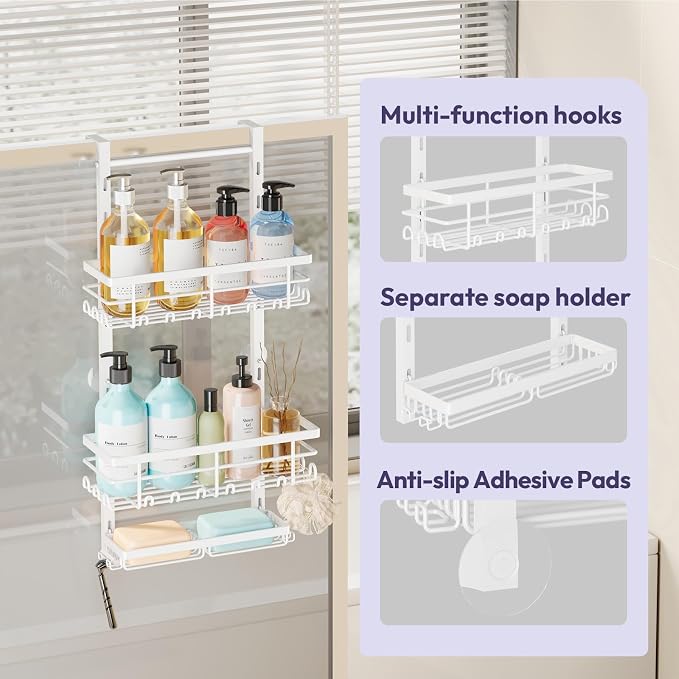 SWTYMIKI Over The Door Shower Caddy - 3 Tier Rustproof Hanging Shower Organizer with Adjustable Shelves, 28 Hooks & Soap Holder, Hanging Shower Rack Storage for Bathroom Accessories, White