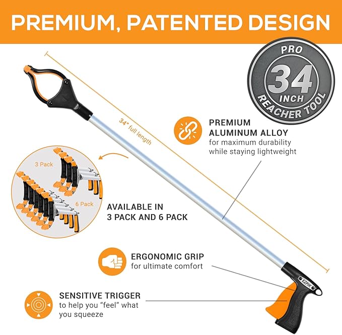 EZPIK Pro 34" Grabber Reacher Tool for Seniors - Grabbers for Elderly Reaching Tool Heavy Duty Pickup Trash Picker Upper Equipment - Claw Grabber Stick for Reaching Aids, Weed Gripper 3-Pack