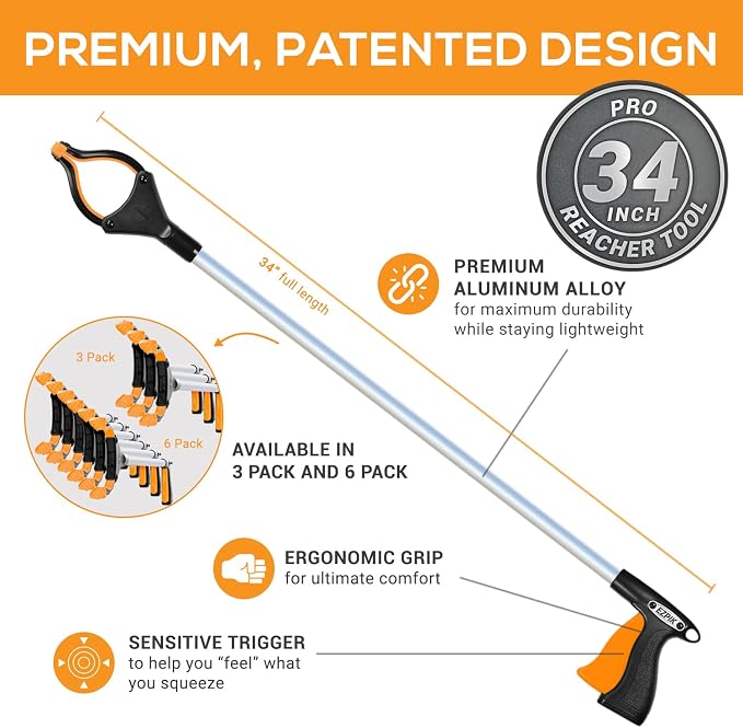 EZPIK Pro 34" Grabber Reacher Tool for Seniors - Grabbers for Elderly Reaching Tool Heavy Duty Pickup Trash Picker Upper Equipment - Claw Grabber Stick for Reaching Aids, Weed Gripper 6-Pack