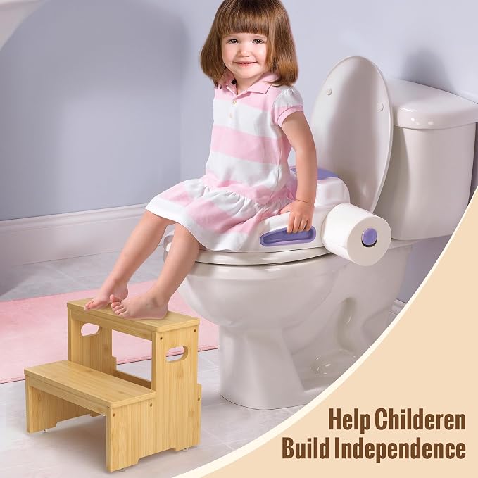 Two Step Stool for Adults and Kids, 450lbs Heavy Duty Step Stool, Bamboo Step Stool for High Beds, Portable Helper Step Stairs for Kids, for Kitchen, Bathroom, RV, Bedside Step Stool, Natural