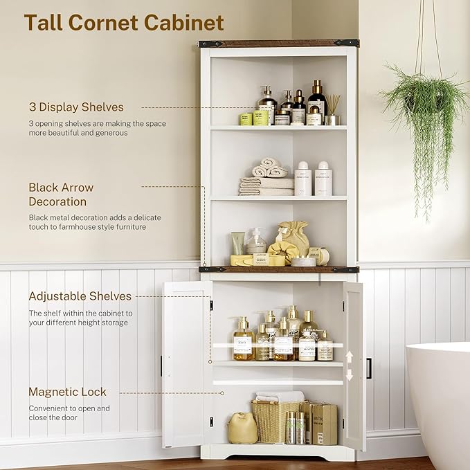 TEENFON Farmhouse Corner Cabinet, 70" H Tall Corner Hutch with 5 Shelves & 2 Barn Doors, Bathroom Cabinet with Adjustable Shelf, for Living Room, Kitchen, Bathroom, White