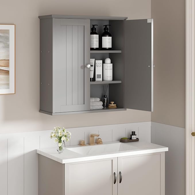 Shintenchi Bathroom Wall Medicine Cabinet with 2 Door, Bathroom Storage Organizer Over The Toilet,Space Saving Storage with 3-Tier Shelves,Gray