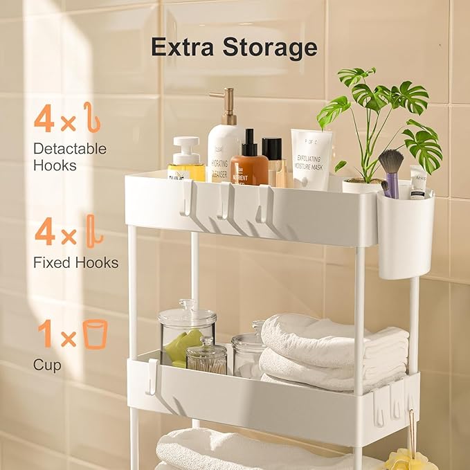 Pipishell Slim Storage Cart with Wheels, 4 Tier Bathroom Storage Organizer Rolling Utility Cart for Bathroom Kitchen Laundry Room Office Narrow Place (White)