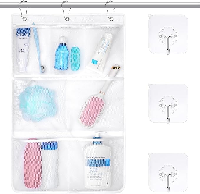 F-color Cruise Essentials 2026 - Mesh Shower Organizer Hanging with 7 Pockets for RV Gym Camping, Quick-Dry Portable Toiletry Bag with Metal Hooks for Bathroom Travel Toiletries, White
