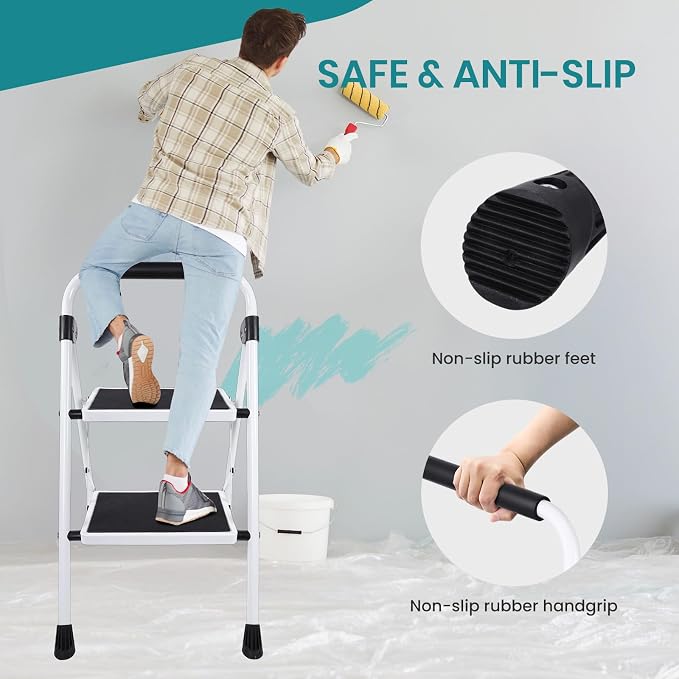 OLIXIS 2 Step Ladder, 330lbs Heavy Duty Sturdy Step Stool with Anti-Slip Pedal & Comfortable Handrail, Portable Step Stool for Kitchen, Garage & Outdoor Use - Black