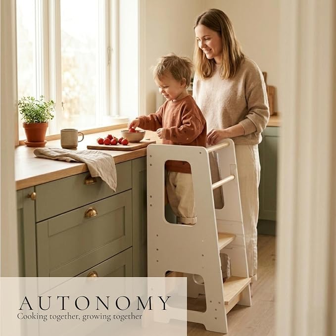 Toddler Tower for Kids, Adjustable Wooden Standing Tower & Kitchen Step Stool, Anti-Tip Montessori Tower with Removable Safety Rails & Non-Slip Steps - Sustainable Reclaimed Wood (White)