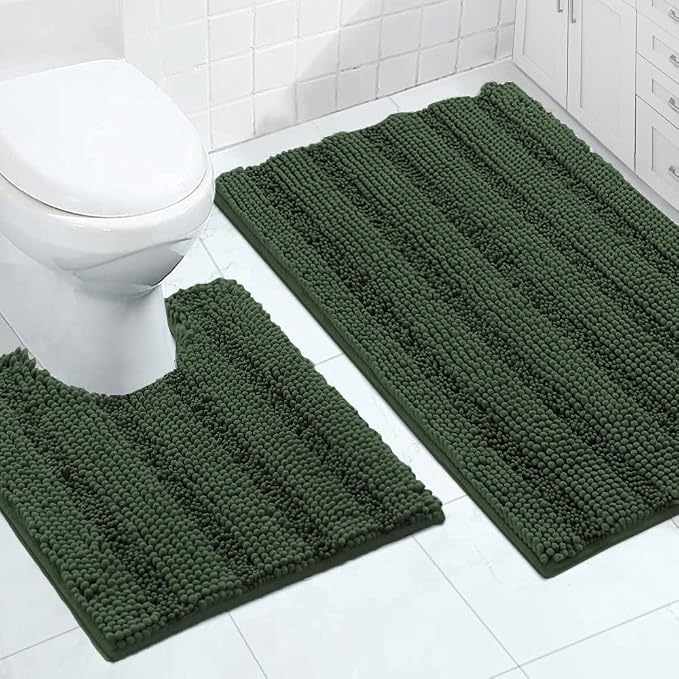 Turquoize Chenille Bathroom Rugs Set Non-Slip Bath Mats for Bathroom Super Absorbent Shaggy Rugs for Tub Shower Toilet Bath Rug Plus U Shaped Rug (Oversized: 24" x 36" and 20" x 24" U),Bronze Green