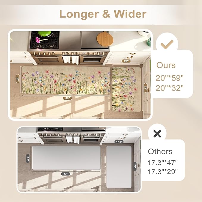 KIMODE Anti Fatigue Kitchen Mats for Floor, Farmhouse Brown Kitchen Rugs Sets of 2, Summer Cushioned Kitchen Floor Mats, Comfort Standing Mats for Sink Laundry Office Desk 20"x59"+20"x32"