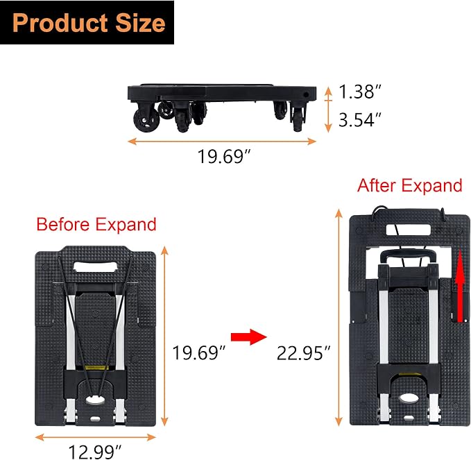 Dolly Cart Portable Hand Truck Lightweight Hand Cart Compact Utility Cart with Heavy Duty Wheels Solid Construction Adjustable Handle for Personal, Moving, Travel and Shopping Use (7 Wheels)