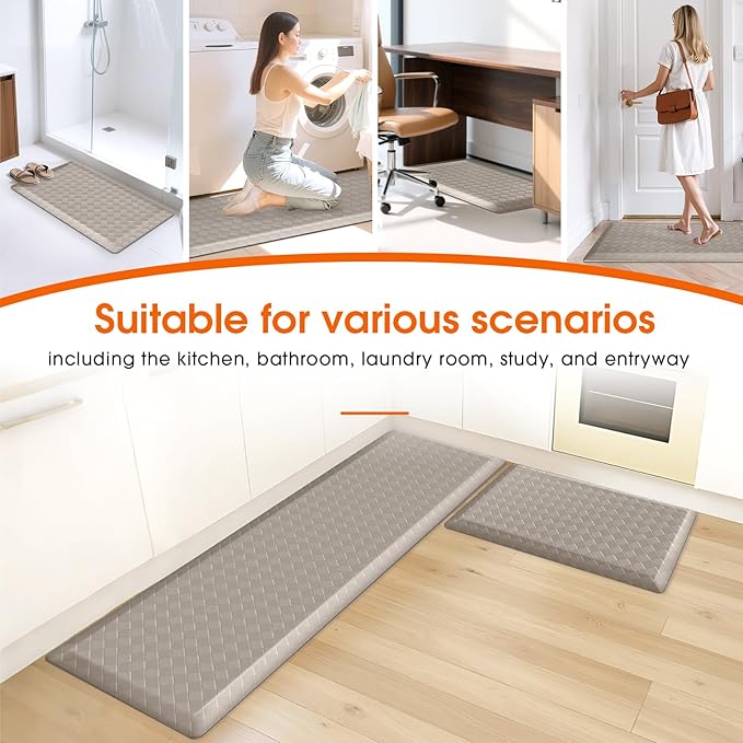 TranquilRelax 4/5 Inch Thick Anti-Fatigue Kitchen Mats 2Pcs, Cushioned Non-Slip Waterproof Sink & Stove Floor Mats, Comfortable Standing Rug Set for Kitchen, Laundry & Entryway, Brown