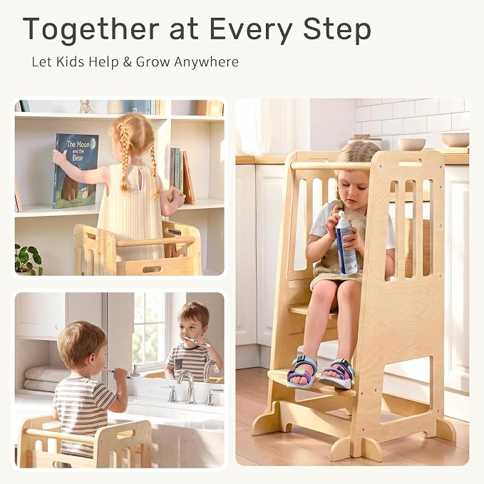 WINGYZ Toddler Tower - Anti-Tip Natural Wood Learning Stool Helper for Kids 18M-6Y, 150lb Capacity Kitchen Stool with 3-Height Adjustable Platform and Sliding Door Access, 20lb Portable Design, Wood