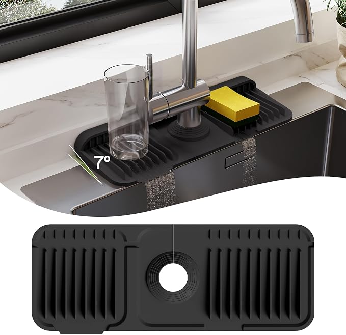 15 Inch Silicone Faucet Mat for Kitchen Sink Splash Guard – 2025 Upgraded Draining Mat with Water Tray Behind Faucet – Countertop Protectors to Catch Spills (Black, 14.6" x 5.5")