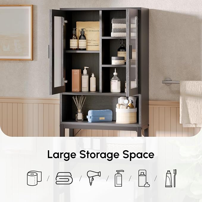 USHOWER Over The Toilet Storage Cabinet, Bathroom Organizers and Storage with Tempered Glass Doors, Thicken Metal Stand & MDF Wood Above Toilet Storage Cabinet, Freestanding Space Saver, Black