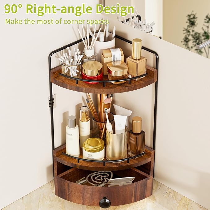 2-Tier Corner Bathroom Counter Organizer with Drawer & Embedded Screw Holes - Wooden Countertop Organizers for Skincare, Makeup Storage, Bathroom Sink Counter Shelf for Vanity, Acacia Wood-Brown