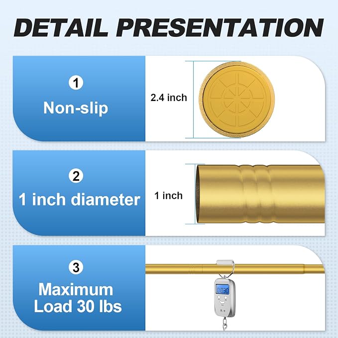 CorkLatta Gold Shower Curtain Rod 31 to 80 Inch,1 Inch Diameter Adjustable Spring Tension Stainless Steel Telescoping Rod,Easy Install,No Rust