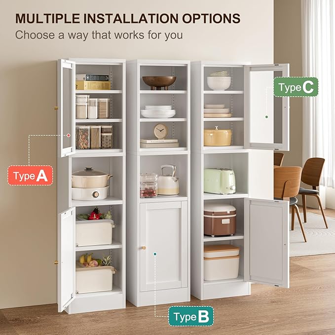 Bevivog Tall Bathroom Storage Cabinets, Slim Metal Cabinet with Open Shelf, Glass Display Door Freestanding Narrow Storage Organizers for Small Spaces, White Skinny Cabinets for Pantry, Living Room