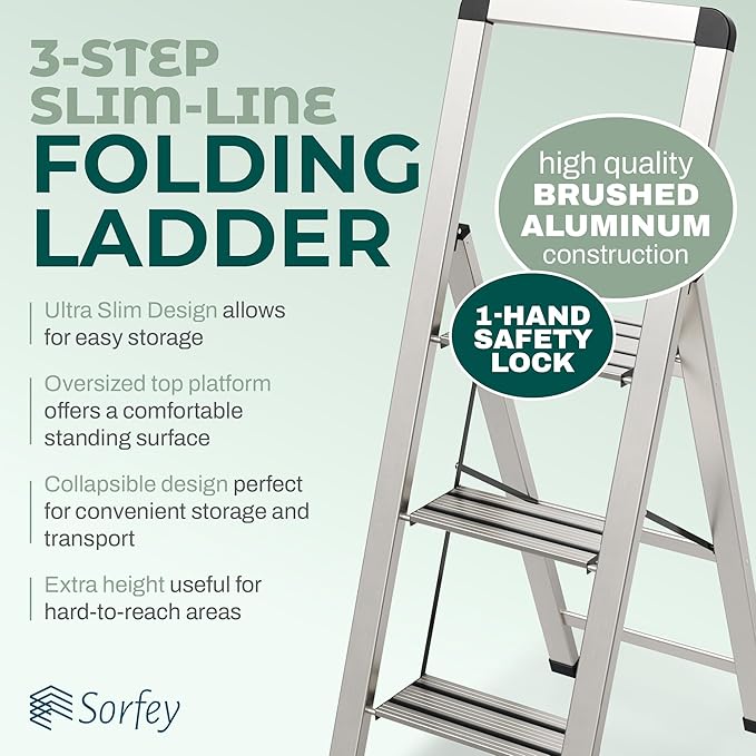 Step Ladder 3 Step Folding, Decorative - Modern Beautiful Silver Aluminum,Lock Mechanism, Ultra Slim Profile, Anti Slip Steps, Sturdy-Portable for Home, Office, Kitchen, Photography Use,by SORFEY