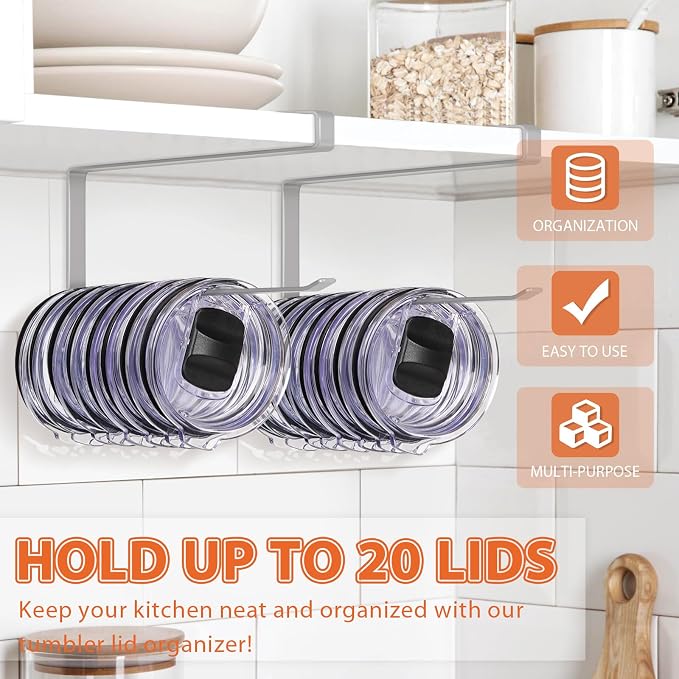 2 Pack Tumbler Lid Organizer, Horizontal Tumbler Lid Storage Hook to Hold Up 20 Lids, Space Saving Cup Lid Holders Under Cabinet Tumbler Lid Hook for Kitchen Organizer, Paper Towel Rack Hanger (Gray)