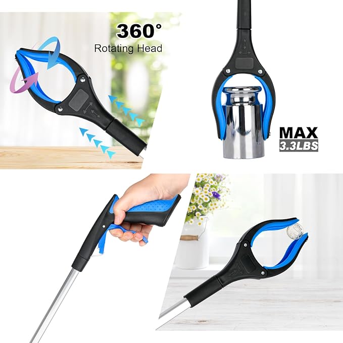 6-Pack 32" Grabber Reacher Tool, 360° Rotating Head, Wide Jaw, Foldable Reacher Grabber Pickup Tool,Anti-Slip Rotating, 4" Wide Claw Opening Grabbers for Seniors (Blue)