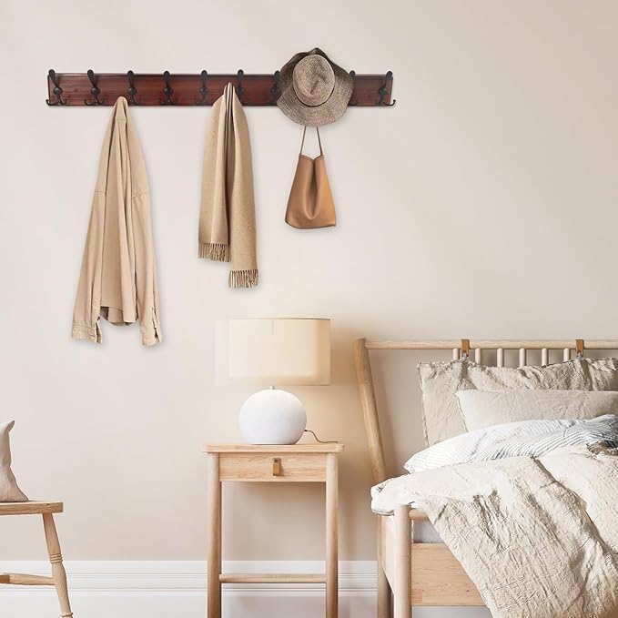 Kuhome 38.6'' Large Coat Rack Wall Mount Coat Hooks Coat Hanger with 10 Metal Black Triple- Hooks Brown Pine Real Wood Plank Hat Rack for Wall Hooks for Hanging Coat Hat Jacket