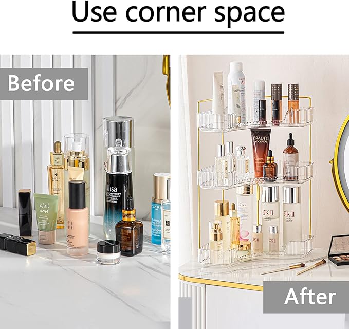 shuang qing 3-Tier Corner Bathroom Counter Organizer – Storage Shelf for Makeup, Perfume & Skincare, Space-Saving Countertop Tray Fits Bathroom, Dresser, Kitchen (White)