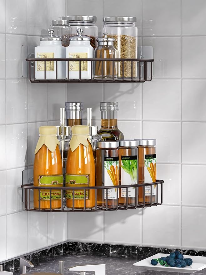 SMARTAKE 2-Pack Corner Shower Caddy, SUS304 Stainless Steel, Wall Mounted Bathroom Shelf with Adhesive, Storage Organizer for Toilet, Dorm and Kitchen (Bronze)