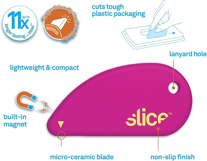 Slice Micro Safety Cutter | Safe Ceramic Box Cutter Lasting 11x Longer than Metal | Keychain Box Opener | Combo Pack | Vivid Green + Fuchsia