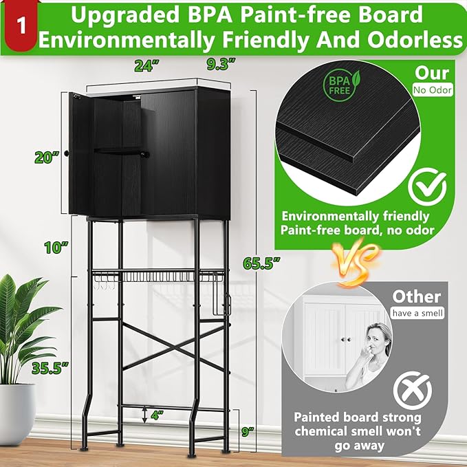 Over The Toilet Storage Cabinet - 2-Door Design Bathroom Organizers Shelf, Freestanding Space-Saver Above Toilet Storage Cabinet with Privacy Protection Rack, Water-Resistant Toilet Shelves (Black)