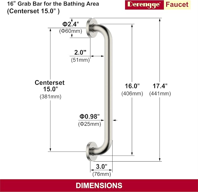 16 Inch Grab Bar 304 Stainless Steel Anti-Slip Bathroom Safety Handrail Wall Mount Assist Grip for Elderly Handicap Bathtub Shower Toilet,GB-4023-BN,Brushed Nickel