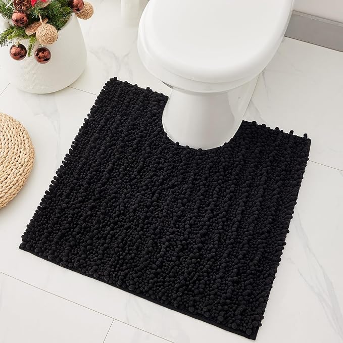 Toilet Rugs U-Shaped Mat 24x24, Contour Bathroom Mat - Ultra Soft & Absorbent Chenille, Quick-Dry, Machine Washable with Non Slip Barrier Backing, Black