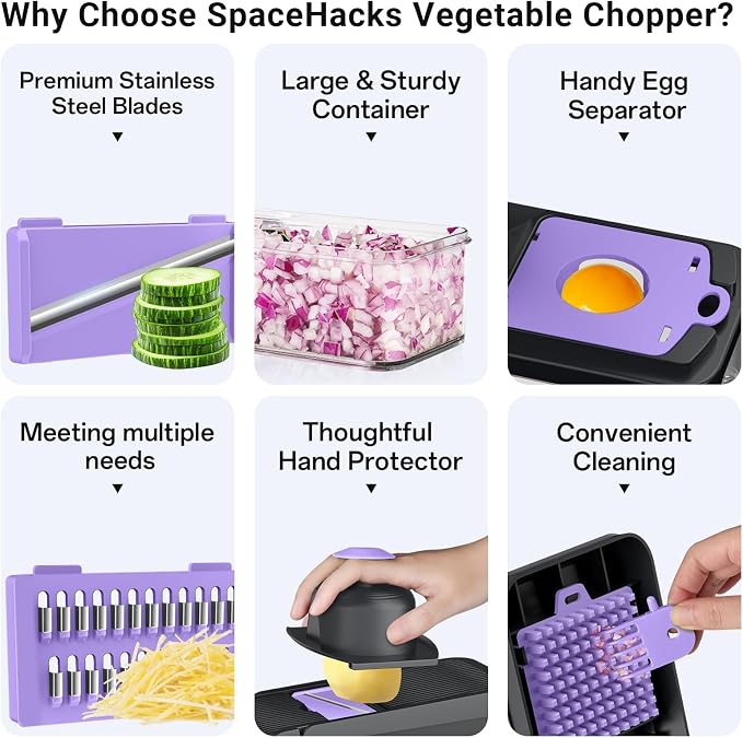 SpaceHacks 12-in-1 Vegetable Chopper, Kitchen Gadgets with 7 Blades, Veggie, Food, Onion Chopper, Cucumber Slicer, Versatile Mandoline, Includes Egg Separator & Finger Guard, Purple