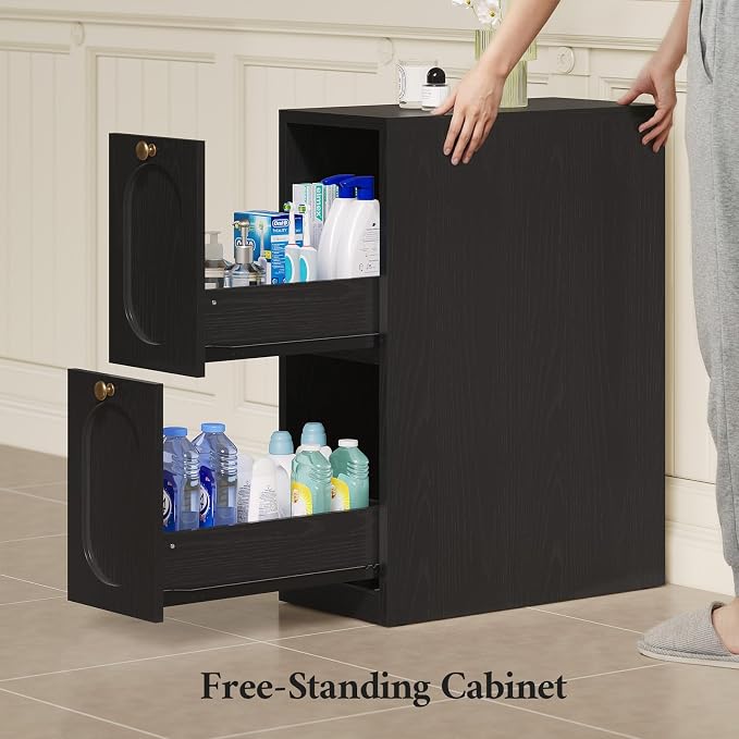 Over the Toilet Storage Cabinet with Mobile Bathroom Storage Cabinet & 3 Adjustable Shelves, Bathroom Storage Cabinet Over Toilet with 4 Section Drawers for Bathroom, Laundry Room, Black