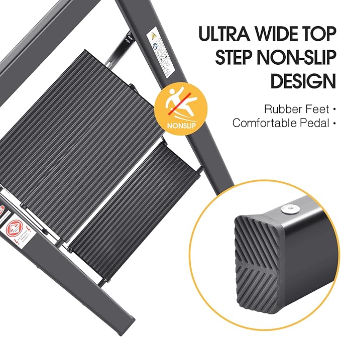 KINGRACK Aluminium 2 Step Ladder, Lightweight Step Stool with Non-Slip Pedals, Handrail, 330LBS Foldable Step Ladder for Kitchen, Garage, Home, Space Saving, Sturdy and Portable, Black